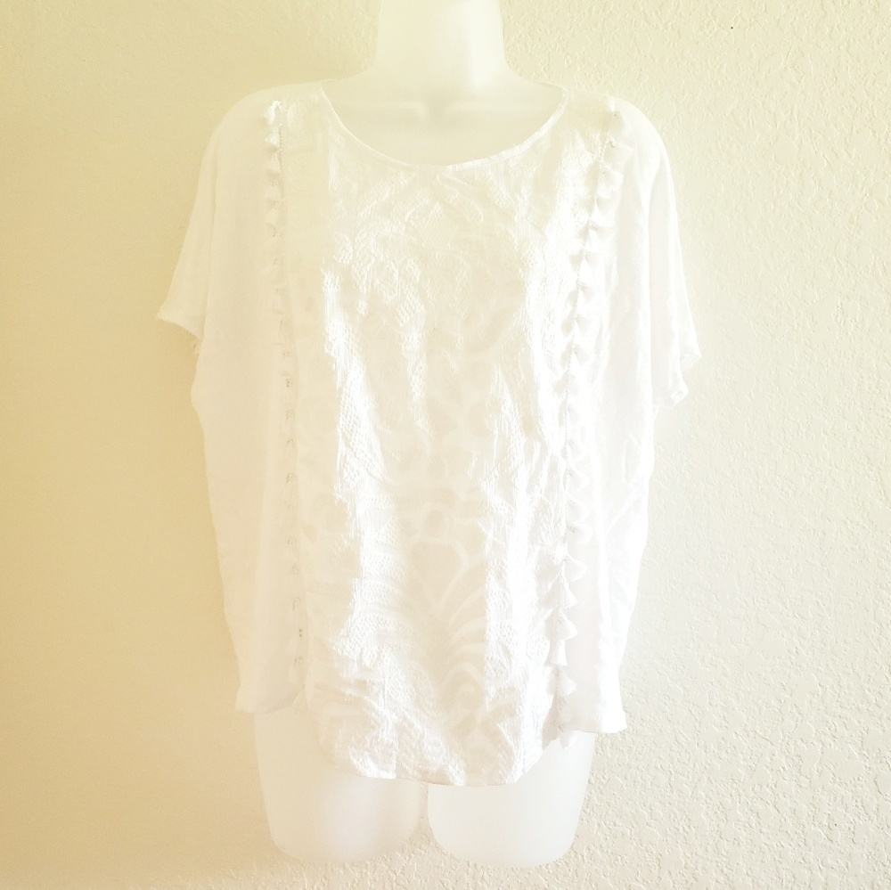 J. Crew White Tassel Embroidered Short Sleeve Tee